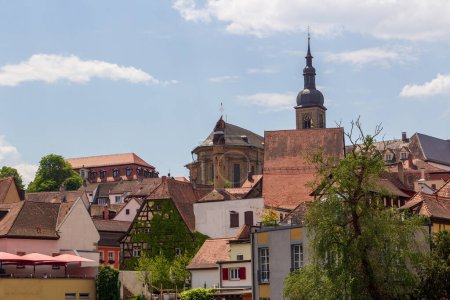 Panorama of Bamberg cityscape with half-timbered houses and St. Stephans church in Bamberg, Upper Franconia, Bavaria, Germany