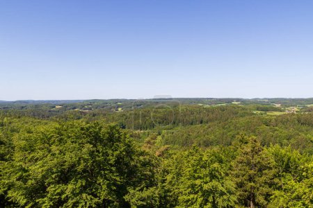 Vue panoramique sur les collines et la forêt de la Suisse franconienne avec des arbres vus du château de Leienfels près de Pottenstein (Suisse franconienne), Allemagne