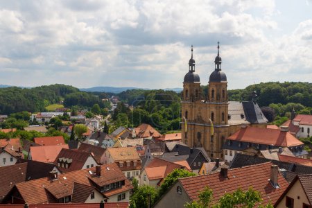 Panorama view with pilgrimage site Basilica minor in Goessweinstein and townscape in Franconian Switzerland, Bavaria, Germany
