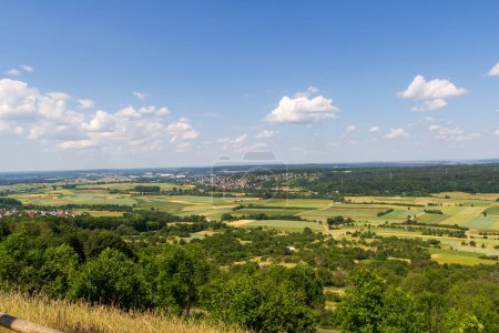 Panorama of hills and town Forchheim seen from mountain Walberla in Franconian Switzerland, Germany