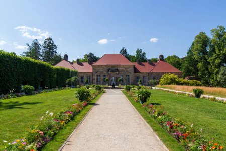 Old palace with fountain and garden in park at Hermitage (Eremitage) Museum in Bayreuth, Bavaria, Germany