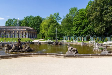 New palace (sun temple) with water feature at upper grotto (Obere Grotte) in park at Hermitage (Eremitage) Museum in Bayreuth, Bavaria, Germany