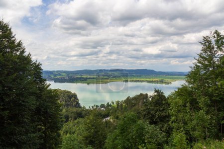 Mountain alps panorama and at lake Kochelsee seen from mountain pass Kesselberg in Bavaria, Germany