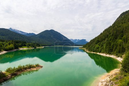 Lake Sylvenstein Reservoir and mountain alps panorama in Bavaria, Germany