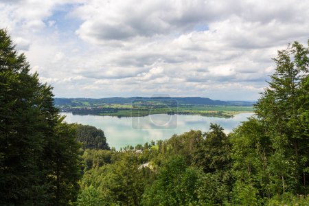 Mountain alps panorama and at lake Kochelsee seen from mountain pass Kesselberg in Bavaria, Germany