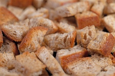Toasted bread cubes in a closeup