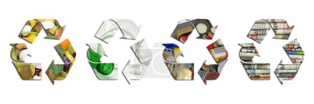 Foto de Residuos domésticos, clasificación y reciclado, símbolos en un collage - Imagen libre de derechos