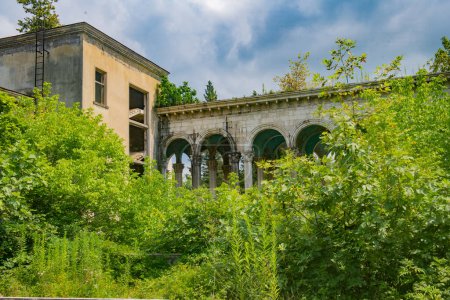 A haunting image of an old abandoned sanatorium, with nature reclaiming broken windows and doors. The eerie atmosphere tells a story of decay and the passage of time.