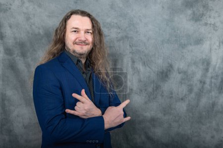 Dressed in a trendy blue suit, a modern man with long hair confidently showcases a diverse range of professional poses, offering a versatile and stylish aesthetic for business or fashion themes.