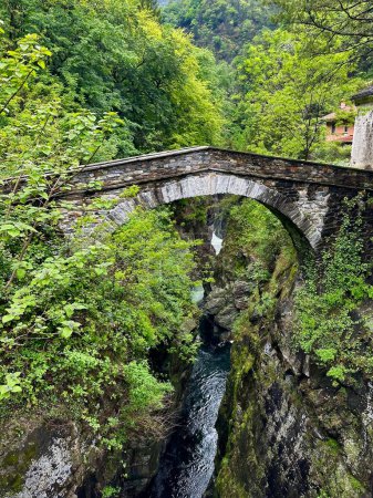 Elevated view of a stone arch bridge crossing over the lush Orrido di Sant'Anna gorge in Traffiume, Cannobio, showcasing the blending of natural and historic architecture
