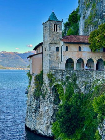 Close-Up of Santa Caterina del Sasso Hermitage Tower and Archways on the Cliffside Overlooking Lake Maggiore