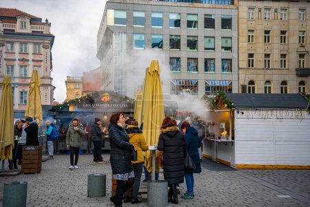 Photo for Prague, Czech Republic - November 28, 2022: Traditional Christmas Market at Vaclavske namesti or Wenceslas Square in Old Town of Prague, Czech Republic. High quality photo - Royalty Free Image