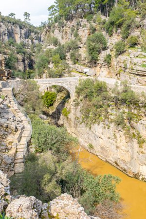 Photo for Ancient arch bridge over the Koprucay river gorge in Koprulu national Park in Turkey. Panoramic scenic view of the canyon and stormy mountain river. High quality photo - Royalty Free Image