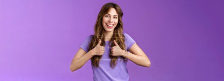 Photo for Good idea lets do it. Cheerful upbeat feminine girl recommend good skincare product professional stylish like new hairstyle show thumbs up sign agree approving nice job encourage well done. - Royalty Free Image