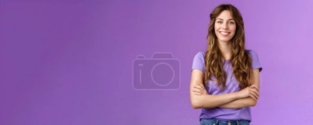 Photo for Confident professional skillful female photographer freelancer ready photo competition cross hands chest motivated assertive pose smiling broadly confident own abilities stand purple background. - Royalty Free Image