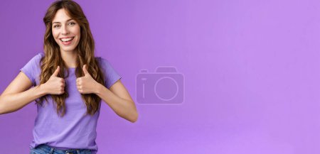 Photo for Good idea lets do it. Cheerful upbeat feminine girl recommend good skincare product professional stylish like new hairstyle show thumbs up sign agree approving nice job encourage well done. - Royalty Free Image