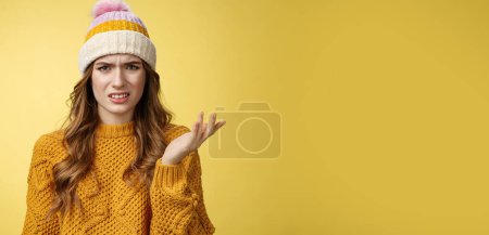 Photo for Pissed arrogant picky snobbish young woman cringing displeased aversion expressing dislike disappointed bad service hotel raising hand dismay frowning grimacing bothered, complaining. - Royalty Free Image