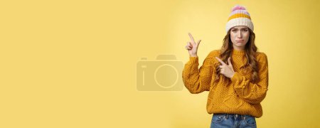 Photo for Timid insecure sobbing cute girlfriend offended pointing bad guy show left side whining lip trembling complaining was insulted, standing upset crying miserable, posing yellow background. - Royalty Free Image