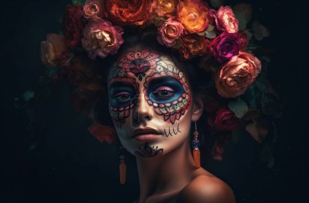 Porträt einer Frau mit Zuckerschädel-Make-up vor dunklem Hintergrund. Halloween-Kostüm und Make-up. Porträt von Calavera Catrina. Generative KI