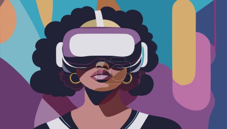 Illustration for Metaverse Digital Virtual Reality Technology of a woman with glasses and a headset VR connected to the virtual space. Vector Illustration - Royalty Free Image