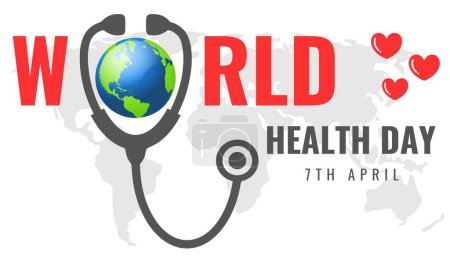 Foto de Ilustración del Día Mundial de la Salud con texto en negrita y fondo blanco superpuestos por el mapa mundial - Imagen libre de derechos
