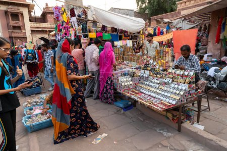 Photo for Jodhpur, Rajasthan, India - 20.10.2019 : Aluminium and steel made locks and keys are displayed for sale at famous Sardar Market and Ghanta ghar Clock tower in Jodhpur, Rajasthan, India. - Royalty Free Image