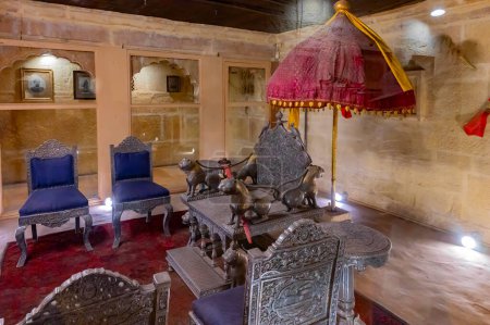 Photo for Jaisalmer, Rajasthan, India - 15th October 2019 : Beautiful decorated interior and seating arrangements of Raja Mahal or Raja Ka Mahal, inside Jaisalmer fort. UNESCO World heritage site. - Royalty Free Image