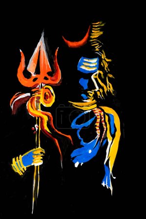 Téléchargez les photos : Couleur de l'affiche lumineuse peint à la main illustration du Seigneur Shiva avec son trishul. Fond noir foncé. Shiva, Mahadeva ou Hara, est l'une des principales divinités de l'hindouisme. Il est l'Être Suprême. - en image libre de droit