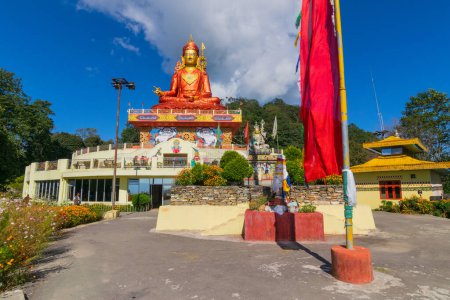 Photo for Wide angle view of Holy statue of Guru Padmasambhava or born from a lotus, Guru Rinpoche, Blue sky and white clouds, Samdruptse, Sikkim, India. - Royalty Free Image