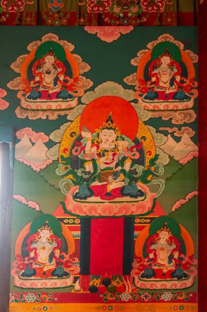 Photo for Sikkim, India - 22nd March 2004 : Colorful Buddist murals , piece of graphic artwork that is painted directly to inside wall of Andey or Andhen Monastery. Murals depict earlier births of God Buddha. - Royalty Free Image