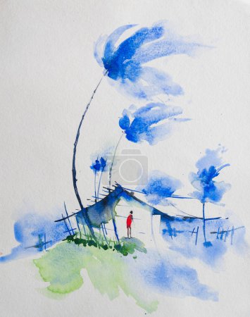 Watercolour image of a strom in an Indian village. Stong wind on coconut trees and a man in front of his house, depicting Indian monsoon. Hand painted art created with watercolor paint and brushes.