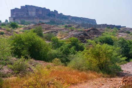 View of Mehrangarh fort from Rao Jodha desert rock park, Jodhpur, India. Desert rocks in foreground and Mehrangarh fort in the background, with rocky landscape of the desert park.