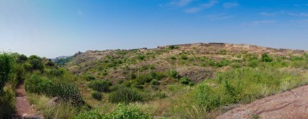 Panoramablick auf die Mauer des Mehrangarh Fort vom Rao Jodha Wüste Rock Park, Jodhpur, Indien. Grüne Vegetation im Vordergrund mit Felslandschaft des Wüstenparks.