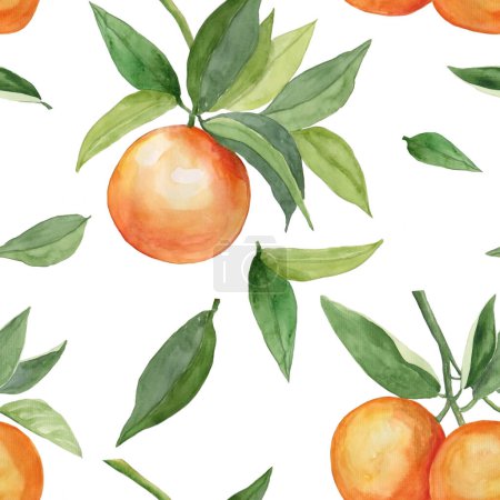 Photo for Watercolor pattern of orange fruit on branches with green leaves for textil and wallpaper design on white isolated background. Watercolor oranges seamless, vintage style, bright colors - Royalty Free Image