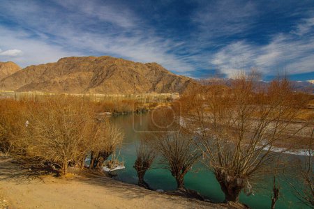 View of Indus River in Leh Ladakh with blue sky and clouds  