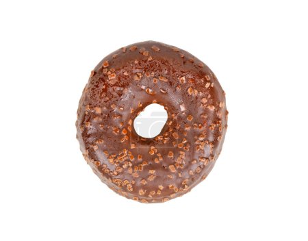 Beautiful donut with chocolate icing isolated on white background, top view