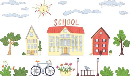 Photo for Vector Town Set of Illustrations with Buildings, School, Houses, Trees, Clouds and Sun, Bushes, Flowers, Bicycle, Cute Children's Illustration. - Royalty Free Image