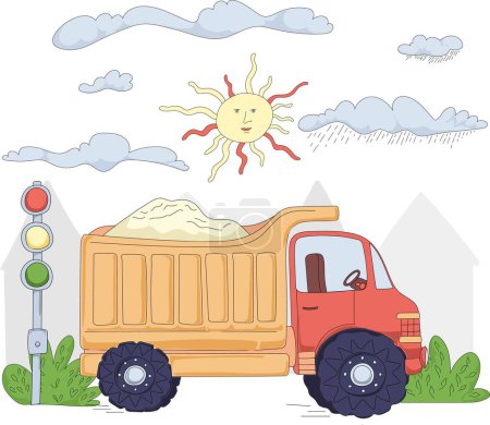 Photo for Vector Truck on Road Illustration with Traffic Light, Houses, Bushes, Clouds and Sun, Cute Children's Illustration. - Royalty Free Image