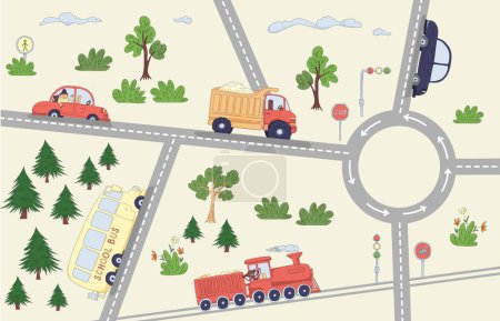 Photo for Vector Cars on Road Illustration with Traffic Light, Truck, Taxi, Train, School Bus, Bushes, Clouds and Sun, Cute Children's Illustration. - Royalty Free Image
