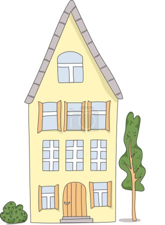 Photo for Vector Yellow House Building Illustration Children Cute Street and Trees Drawing Background. - Royalty Free Image