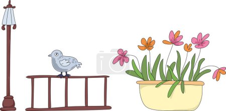 Photo for Vector Street Objects Illustration Children Cute Lantern Fence Flowers Pigeon Drawing and Background. - Royalty Free Image