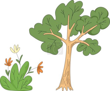 Photo for Vector Tree and Bush with Flowers Illustration Children Cute Drawing and Background. - Royalty Free Image