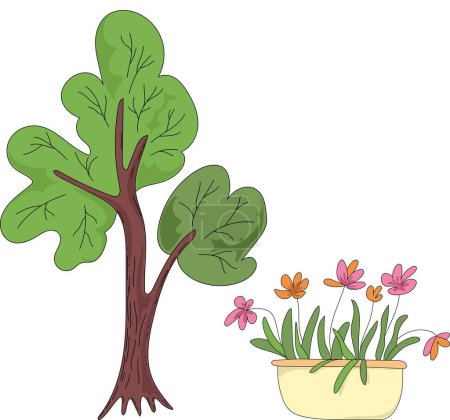 Photo for Vector Tree and Blooming Flowers Illustration Children Cute Drawing and Background. - Royalty Free Image