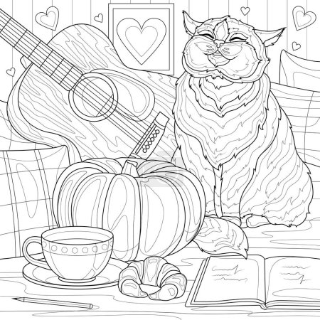 Illustration for Cat, guitar and pumpkin on the bed.Coloring book antistress for children and adults. Illustration isolated on white background.Zen-tangle style. Hand draw - Royalty Free Image