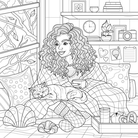 Foto de Chica con una manta y un gato dormido en la habitación.Libro para colorear antiestrés para niños y adultos. Ilustración aislada sobre fondo blanco.Estilo Zen-tangle. Dibujo manual - Imagen libre de derechos
