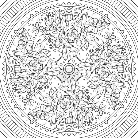 Mandala with roses. Ornament. Abstraction.Coloring book antistress for children and adults. Illustration isolated on white background.Zen-tangle style.