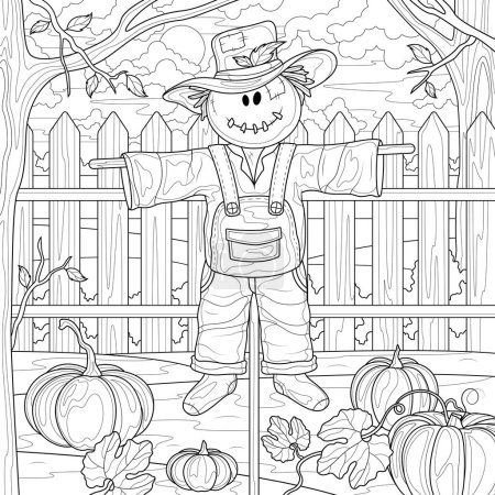 Illustration for Scarecrow and pumpkins in the garden.Coloring book antistress for children and adults. Illustration isolated on white background.Zen-tangle style. Hand draw - Royalty Free Image