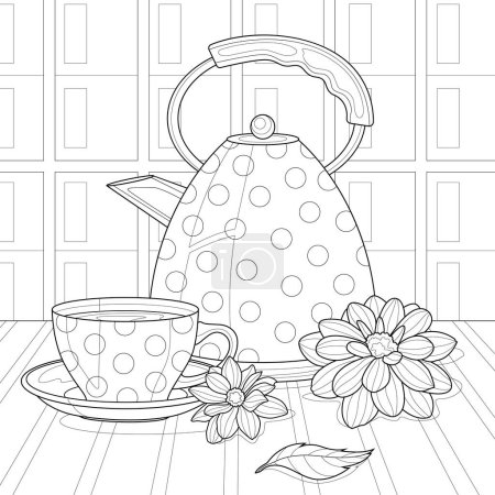 Illustration for Teapot, cup and flowers.Coloring book antistress for children and adults. Illustration isolated on white background.Zen-tangle style. Hand draw - Royalty Free Image