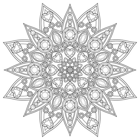 Mandala with gems.Coloring book antistress for children and adults. Illustration isolated on white background.Zen-tangle style. Hand draw