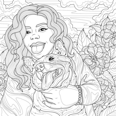 Foto de Girl with dog with tongue hanging out.Coloring book antistress for children and adults. Illustration isolated on white background.Zen-tangle style. Hand draw - Imagen libre de derechos